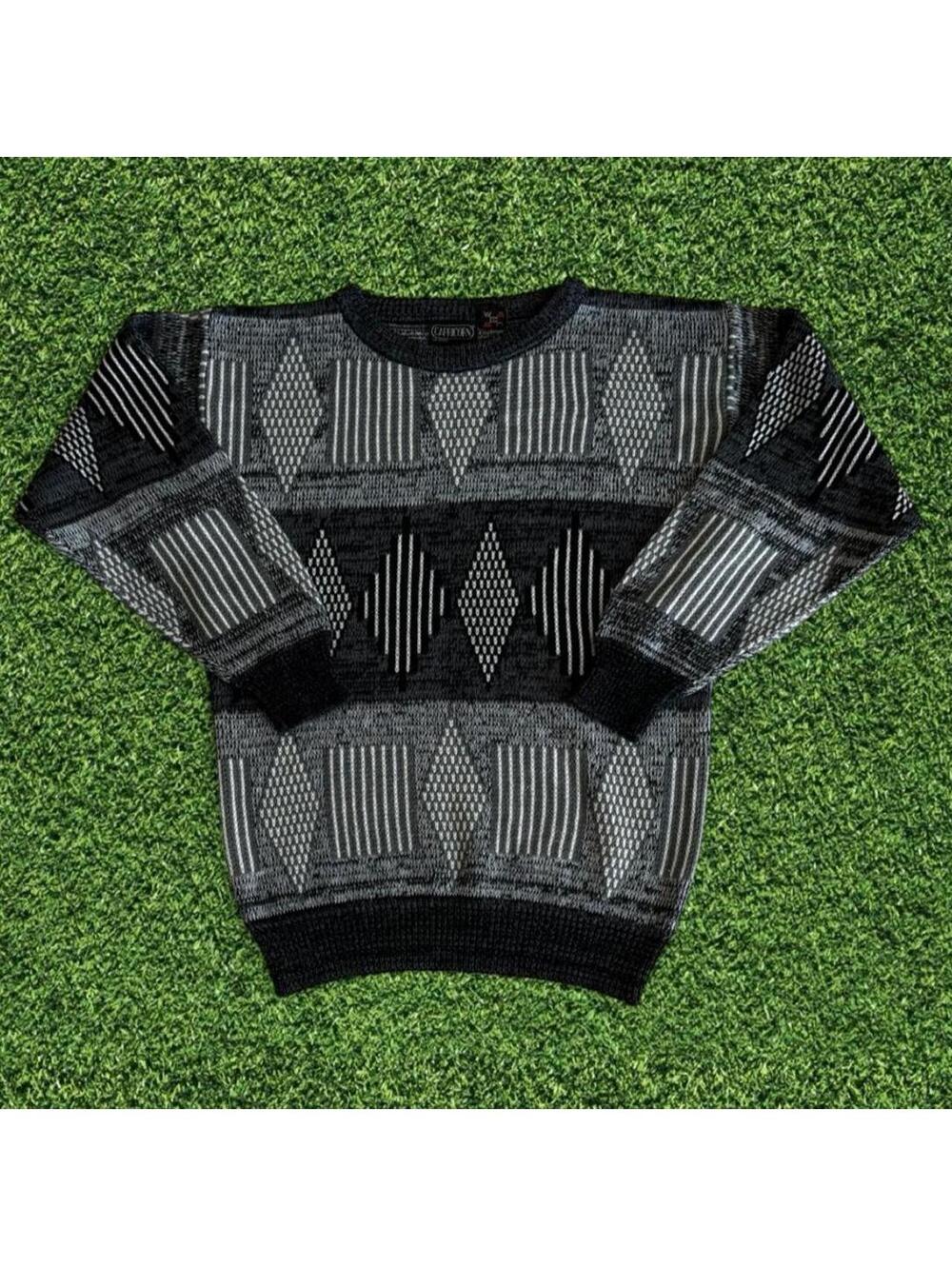 Vintage 90s Capricorn Black Grey Patterned Knit Sweater Made in Korea S